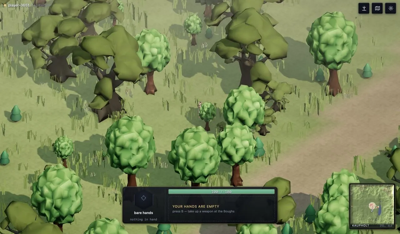 Kaupholt appears in the browser build. Chunky trees, a tiny minimap and a bar that says your hands are empty.
