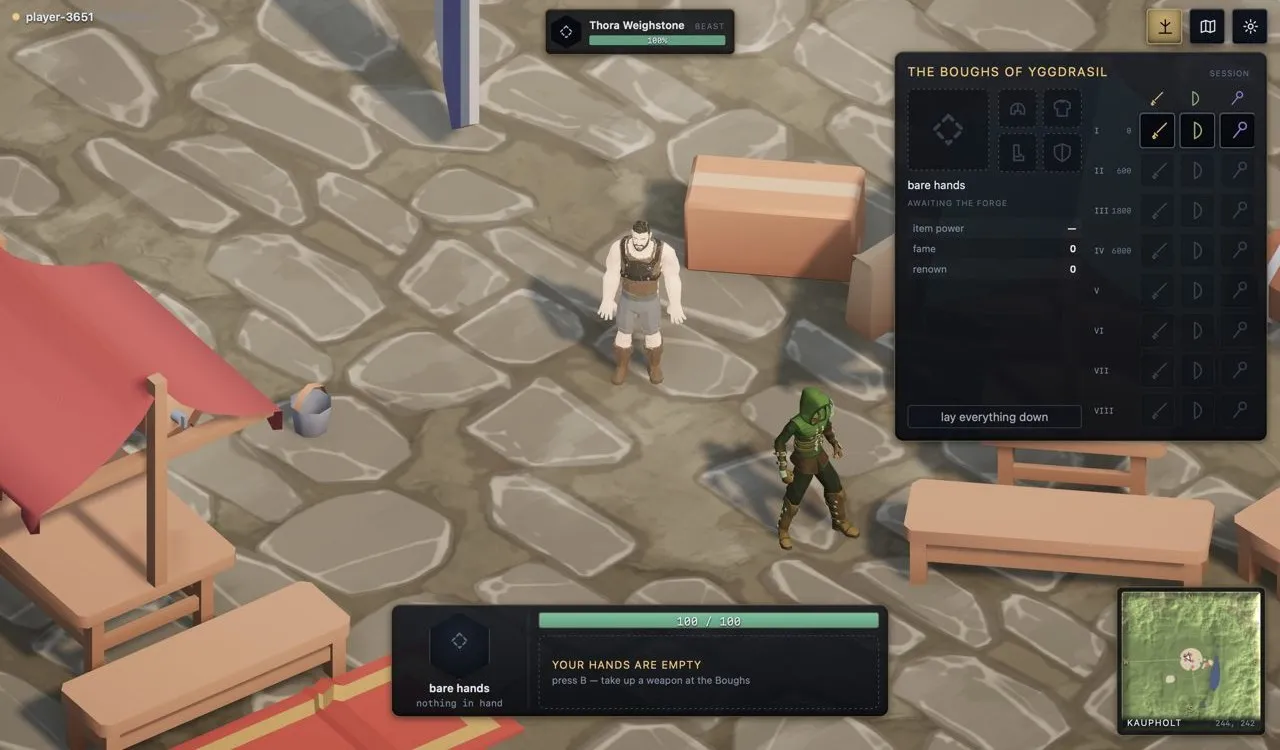 The first market square, with the destiny panel open beside a hooded townsperson.