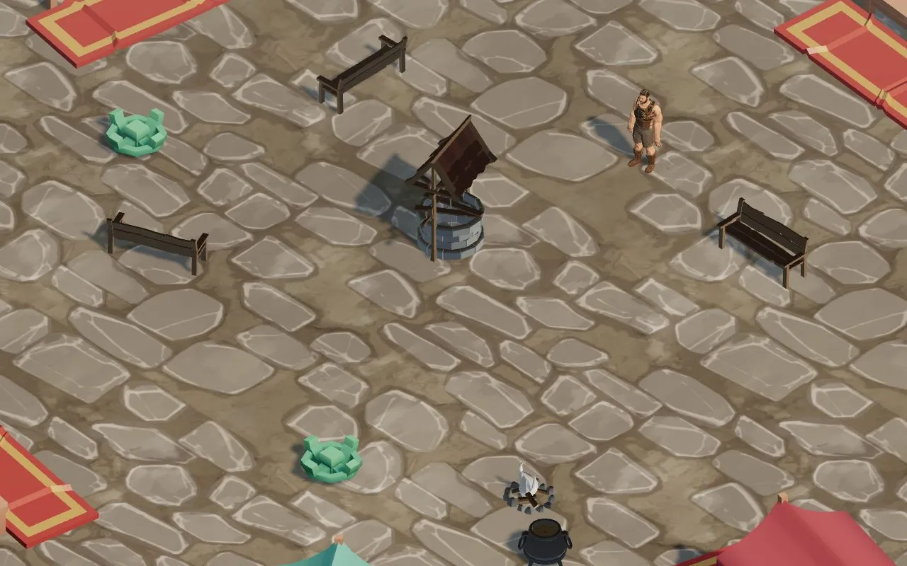 The browser-era town square: pale cobbles, wells, benches and red rugs.