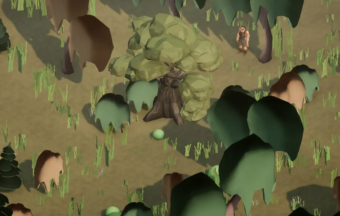 The same forest at the game’s zoom, lumpy and olive.