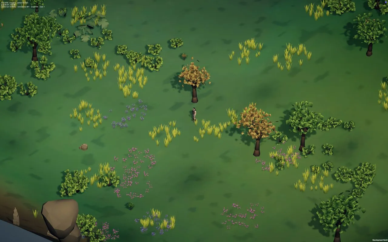 The first frame from the new Unity client: a meadow, orange-leaved trees and a very small hero.