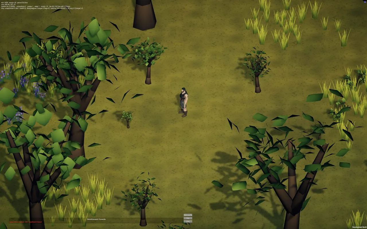 The Unity forest, with tall grass and a debug readout still on screen.