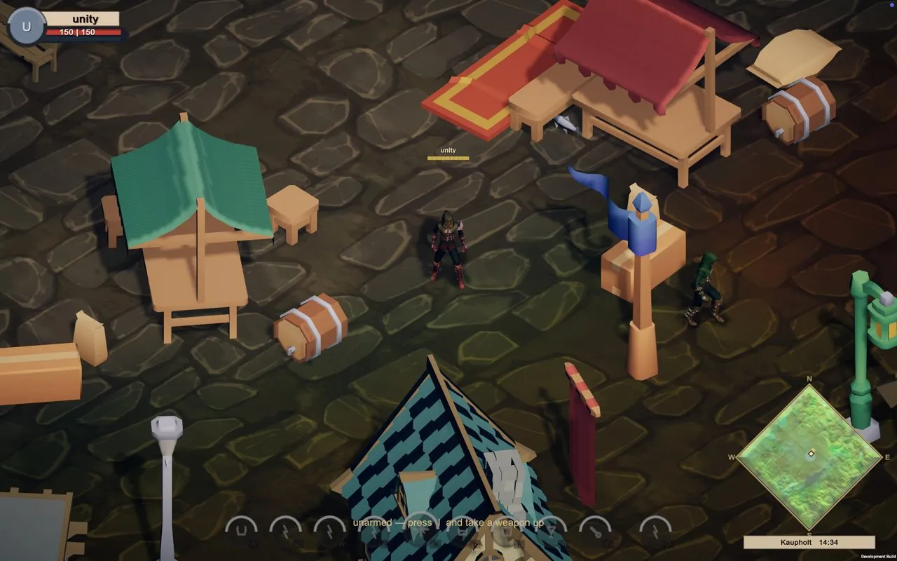 The market in Unity, with the first ability bar and a diamond minimap.