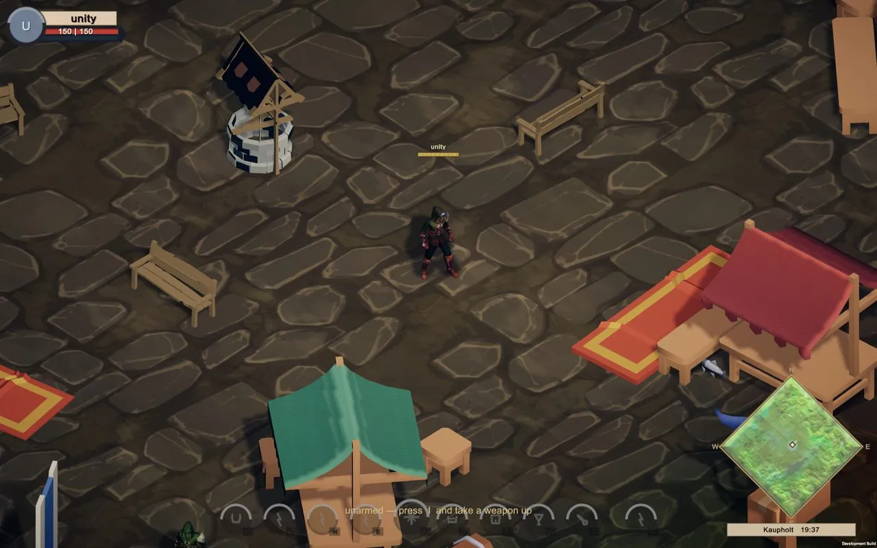 The well and benches of the square, still flat and dark.