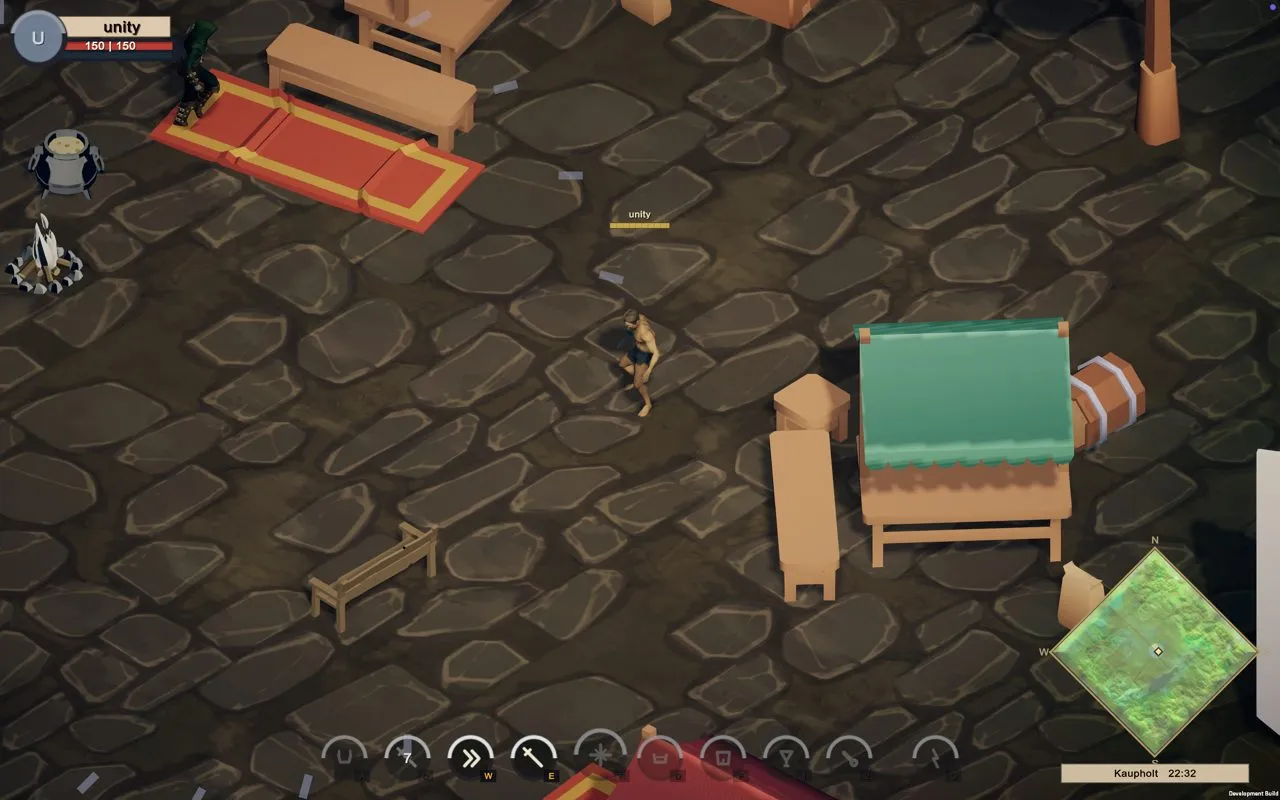 The first swings: a bare hero mid-attack by a stall and a bonfire.