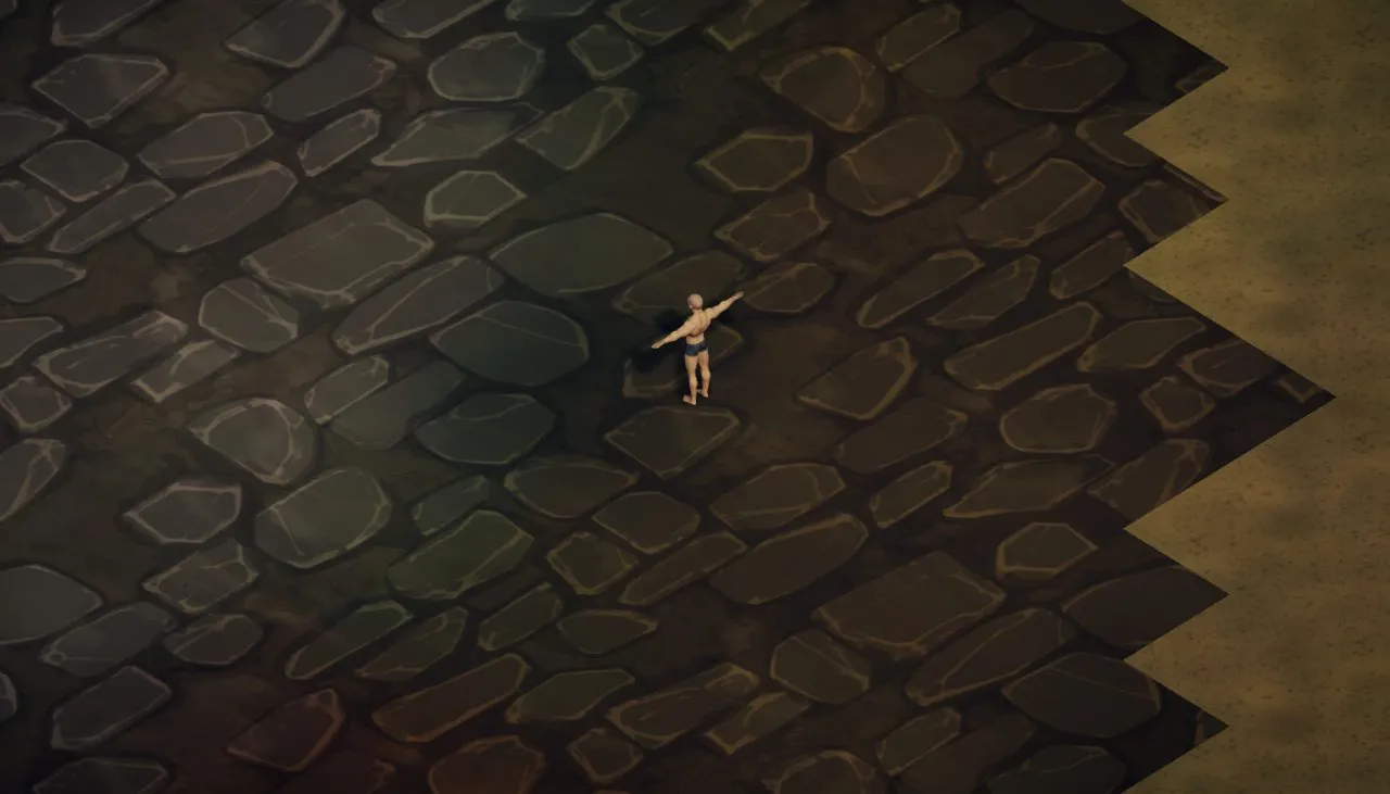 Still missing: a T-posed hero on a lonely disc of cobbles.