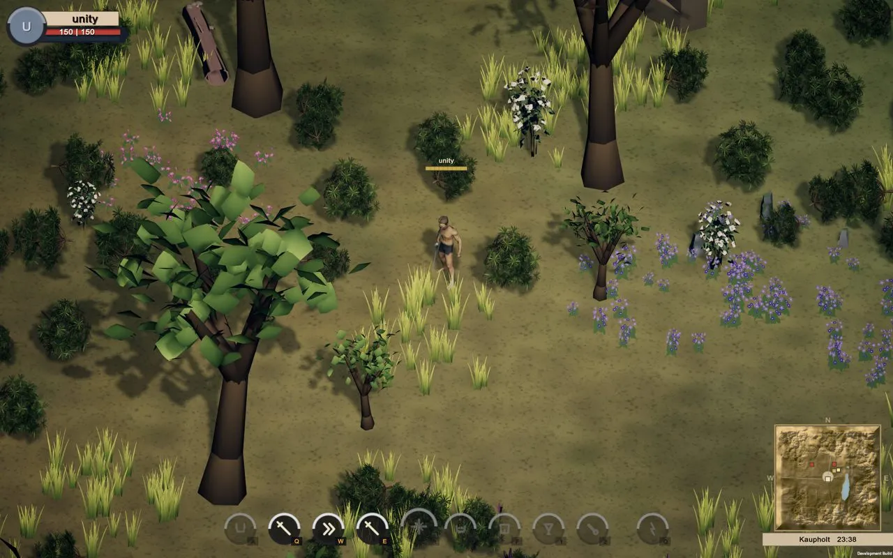 The forest fills in: purple flowers and a square minimap.
