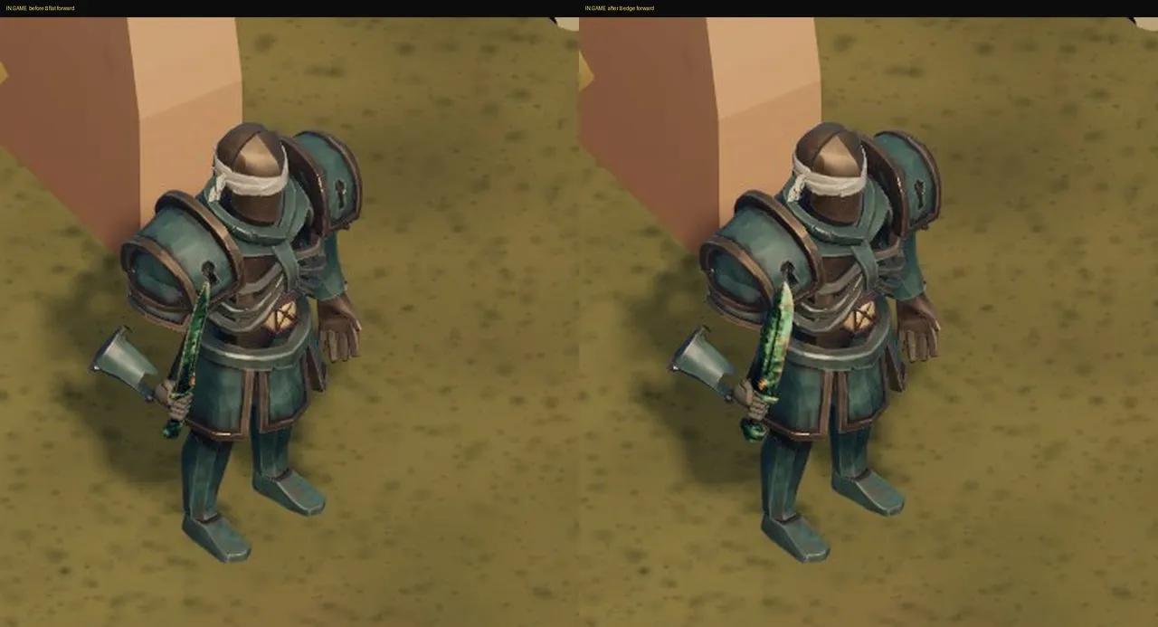 Before and after: the guard learns to hold his blade edge-on.