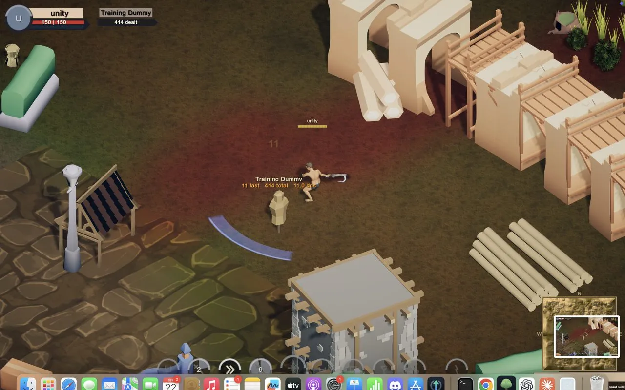 A sword arc streaks across the dummy.