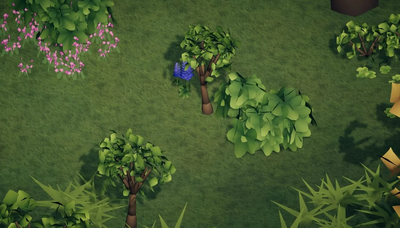 Building the grove: a drift of pink flowers and young trees.