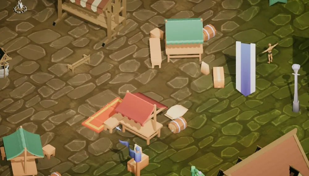 A town corner in the new light: striped stalls, a banner and a lamp.