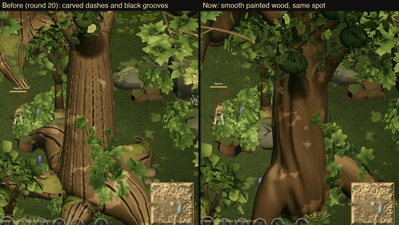 Giant trunks, before and after their bark was repainted.