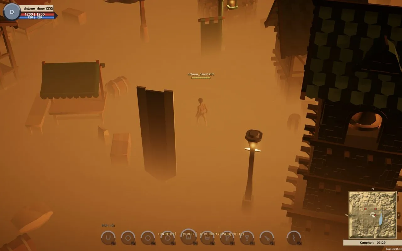 Day and night arrive: the square at dawn, in an orange fog.