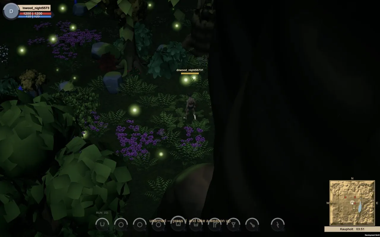 The wood at night, with fireflies over the flowers.
