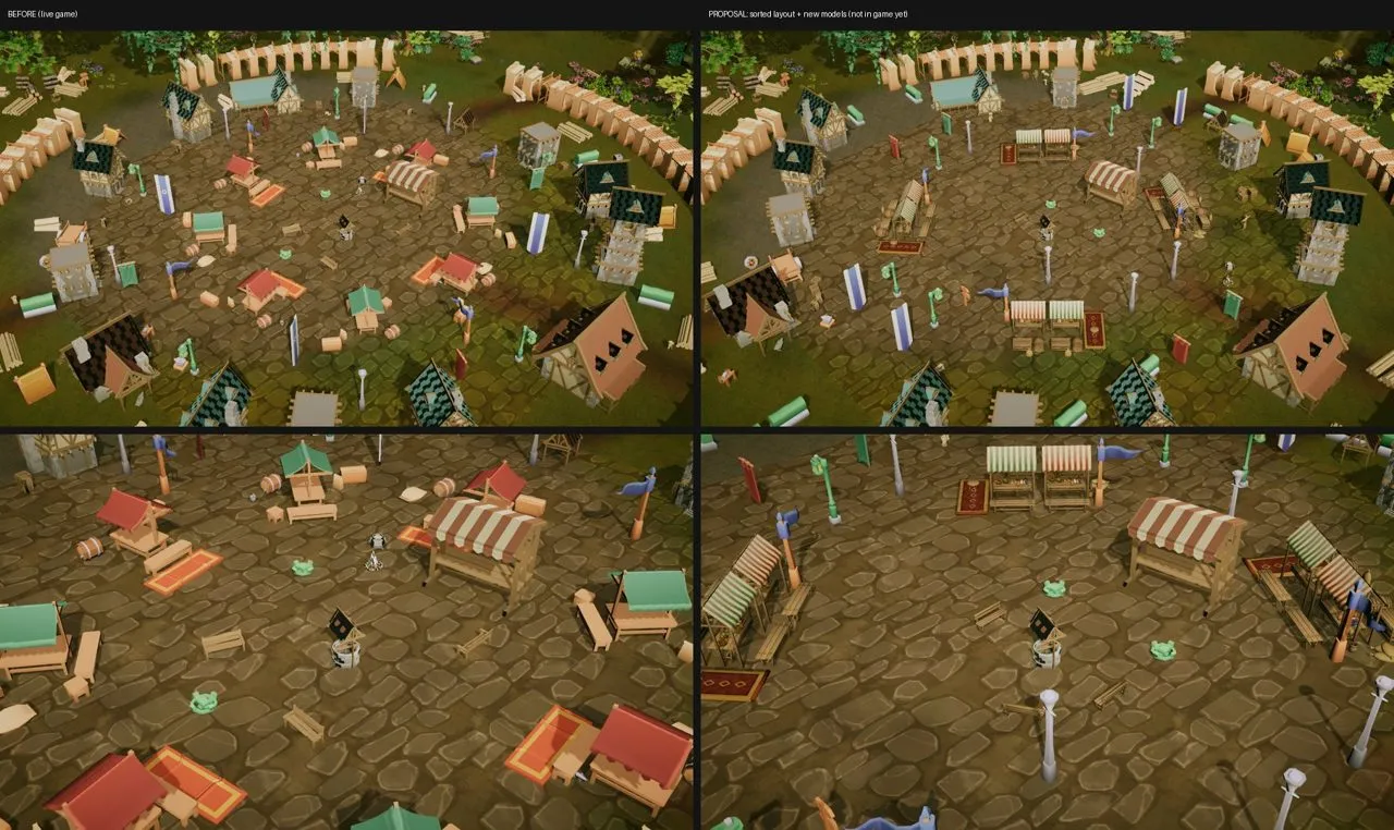 Before and after: stalls in rings, then in rows facing the well.