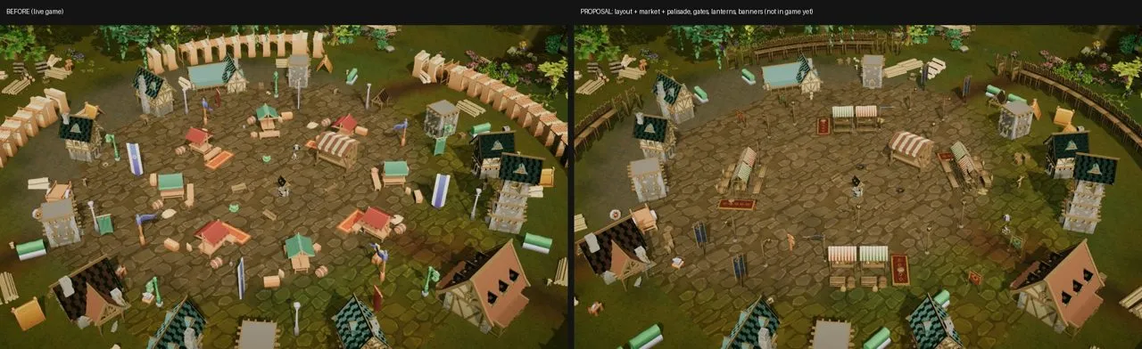 The town rebuilt: palisade, houses and banners.