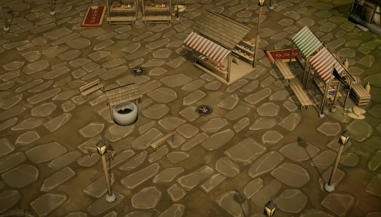 The square at the game’s camera: the well and the new stalls.