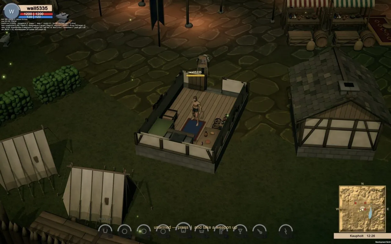 Inside a house at night: the near walls are cut away so you can see the room.