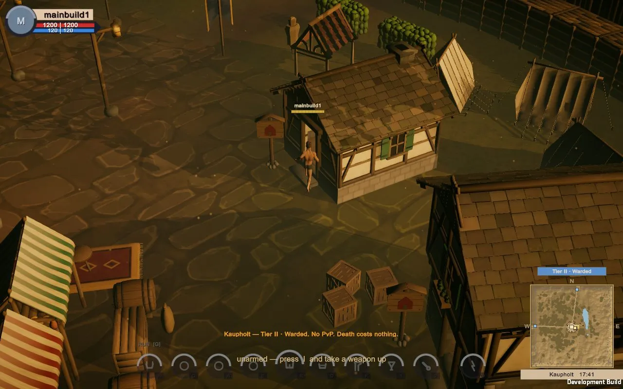 Walking past a timber house in lamplight.