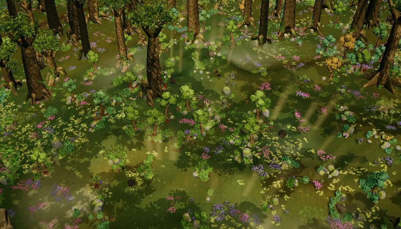 A woodland meadow: tall trunks, sunbeams and drifts of flowers.